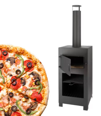 Zwarte pizza oven met steen en houtopslag